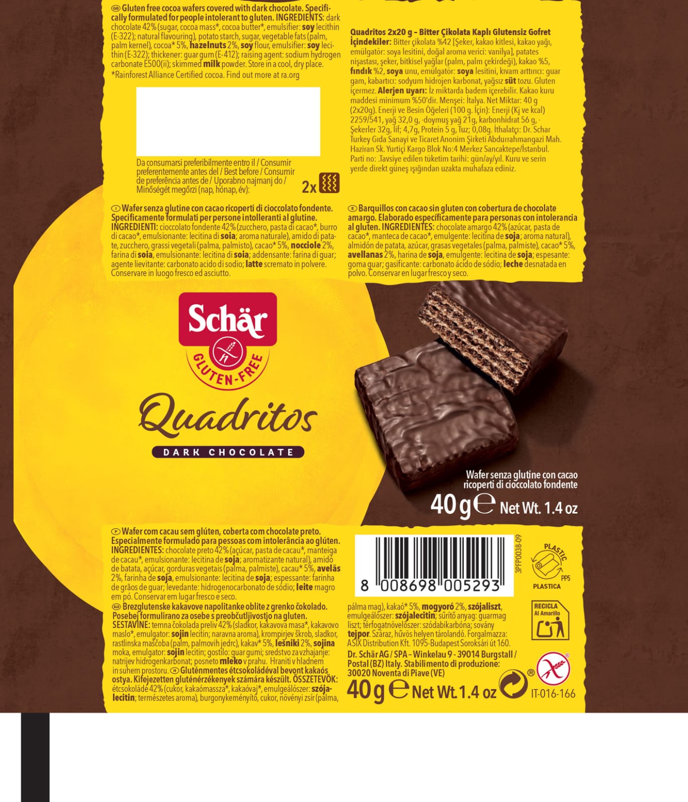 Schar Quadritos Dark Chocolate Wafer 40g