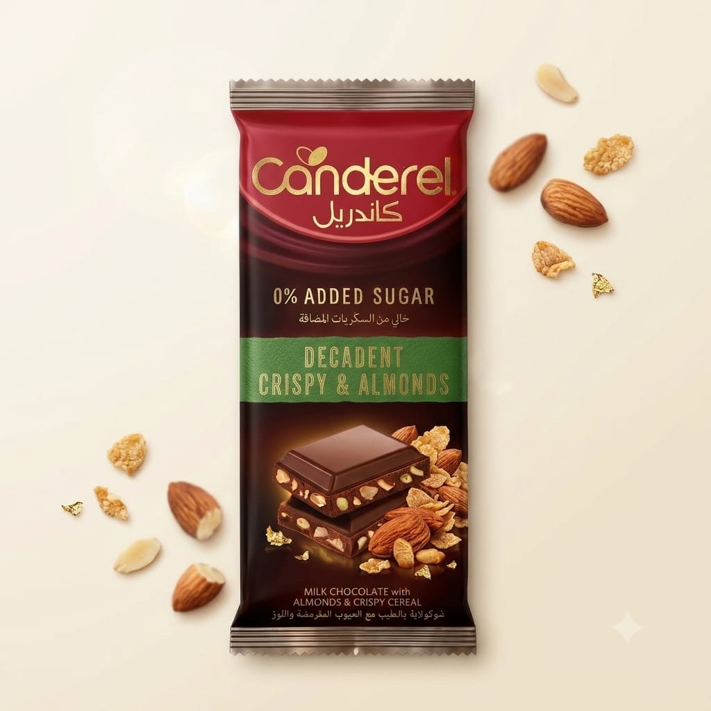 Canderel 0% added sugar Decadent Crispy & Almonds chocolate 74g.