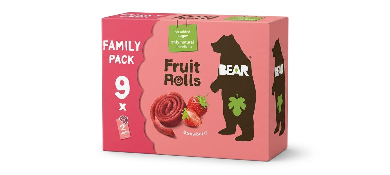 BEAR Fruit Rolls Strawberry Family Pack 9x2 Rolls 180g – No Added Sugar, Natural Ingredients