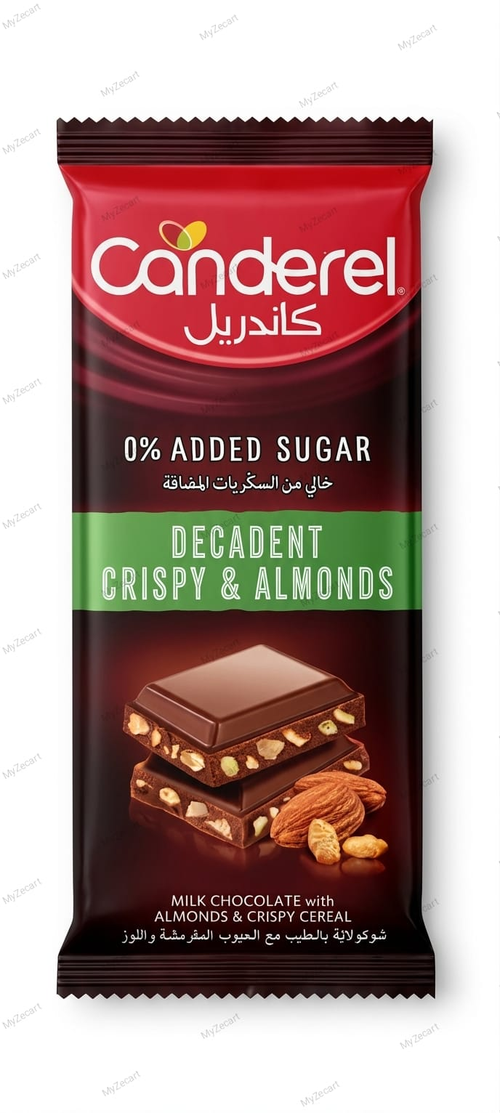 Canderel 0% added sugar Decadent Crispy & Almonds chocolate 74g.