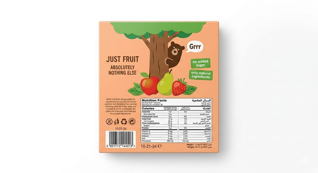 BEAR Fruit Rolls Strawberry Family Pack 9x2 Rolls 180g – No Added Sugar, Natural Ingredients