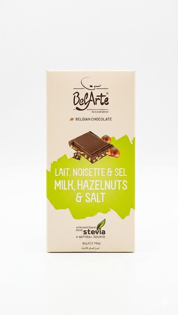 BelArte No Sugar Added Belgian Milk Chocolate with Hazelnuts & Salt 85g