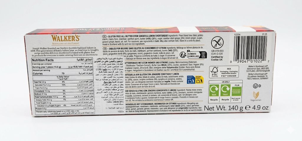 walker's gluten free ginger and lemon short bread 140g